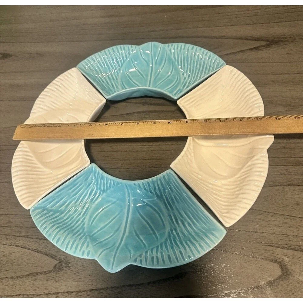California Pottery Lazy Susan 4 Dish Snack Chip Dip Turquoise White 459 Vintage